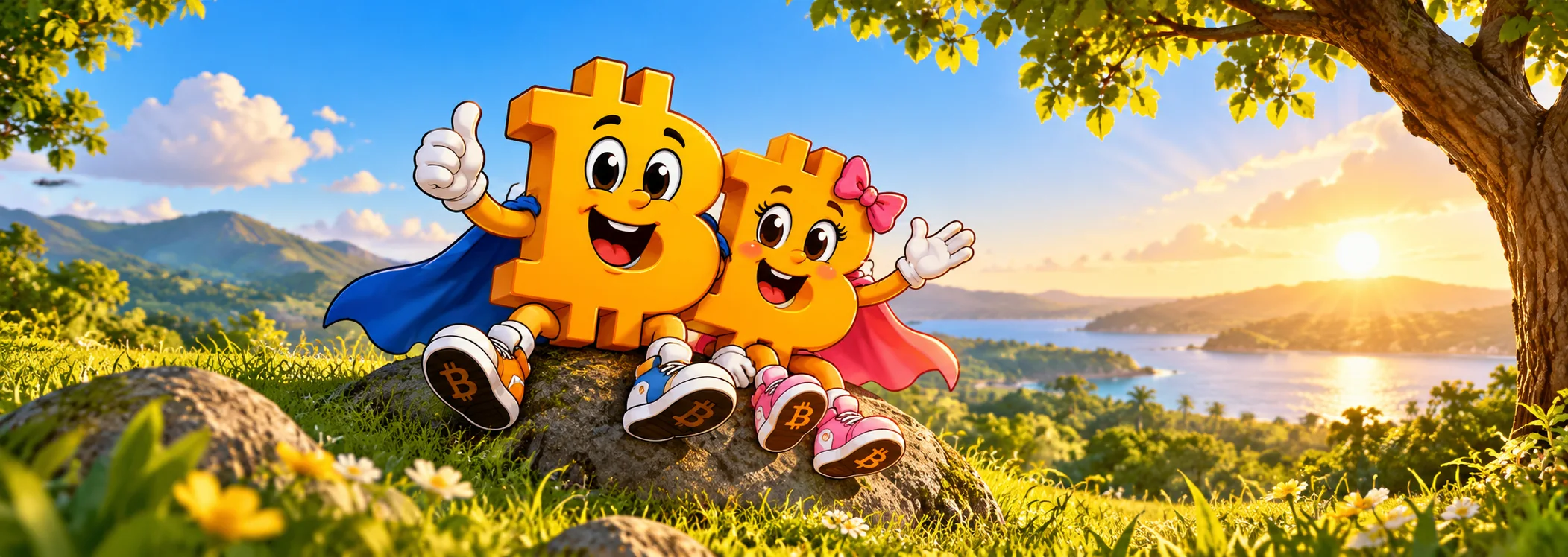 Bitcoin Guy and Bitcoin Girl sitting on a rock in a lush coastal landscape at sunset, surrounded by wildflowers and rolling green hills.