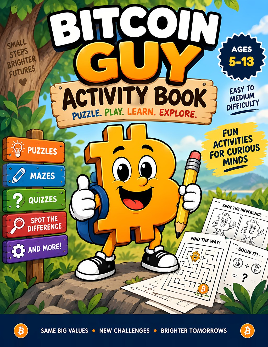 Bitcoin Guy Activity Book front cover, ages 5 to 13