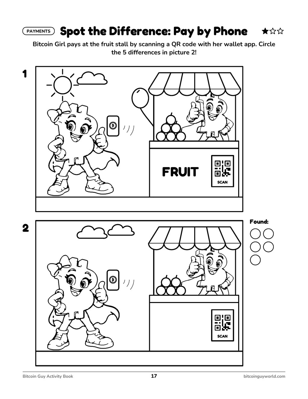Spot the Difference: Pay by Phone - Bitcoin Girl scans a QR code at a fruit stall