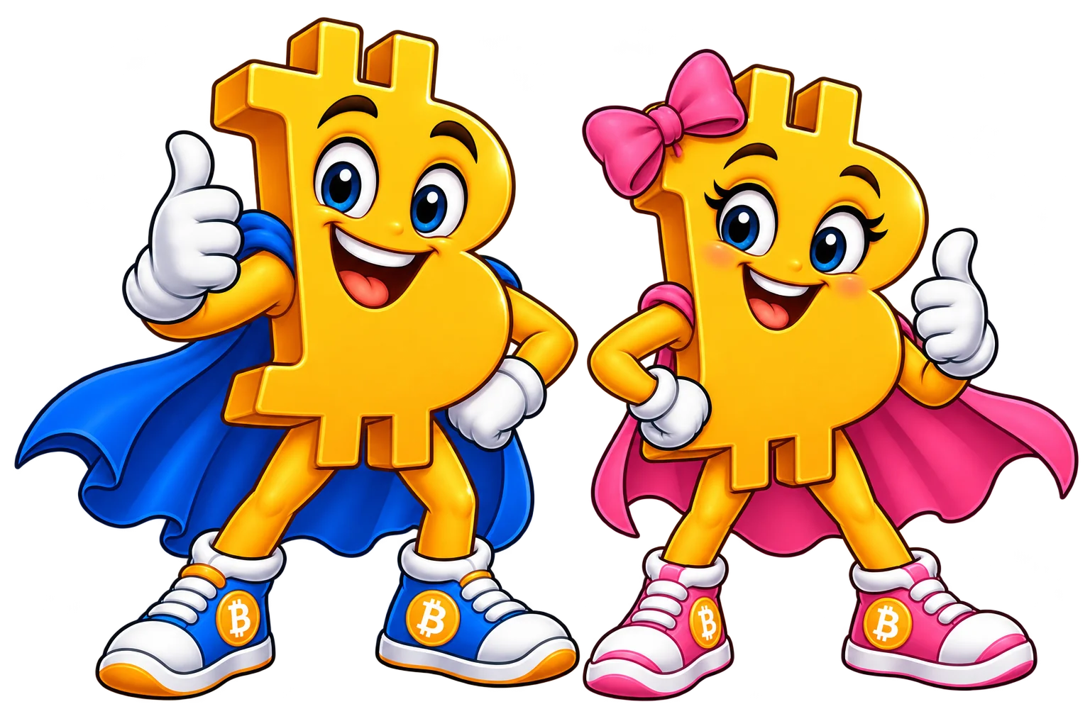 Bitcoin Guy and Bitcoin Girl, the official Bitcoin Guy World characters, standing side by side giving thumbs up. Bitcoin Guy wears a blue cape and blue sneakers. Bitcoin Girl wears a pink bow, pink cape and pink sneakers. Both are cheerful gold Bitcoin-shaped characters with white gloves.