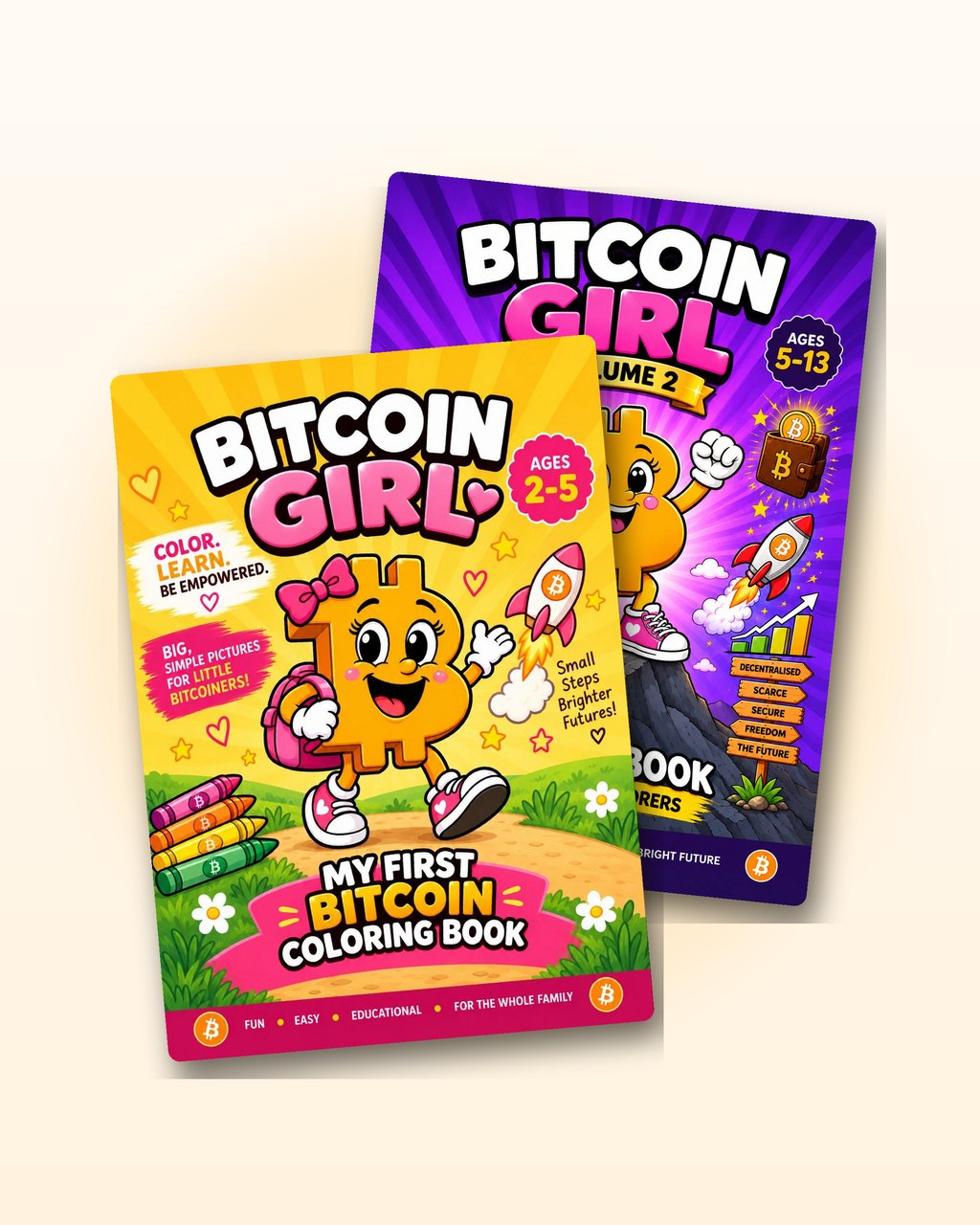 Bitcoin Girl Vol. 1 and Volume 2 colouring book covers together