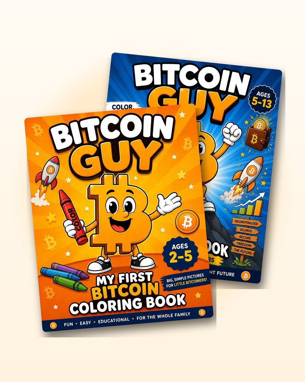 Bitcoin Guy Vol. 1 and Vol. 2 colouring book covers together