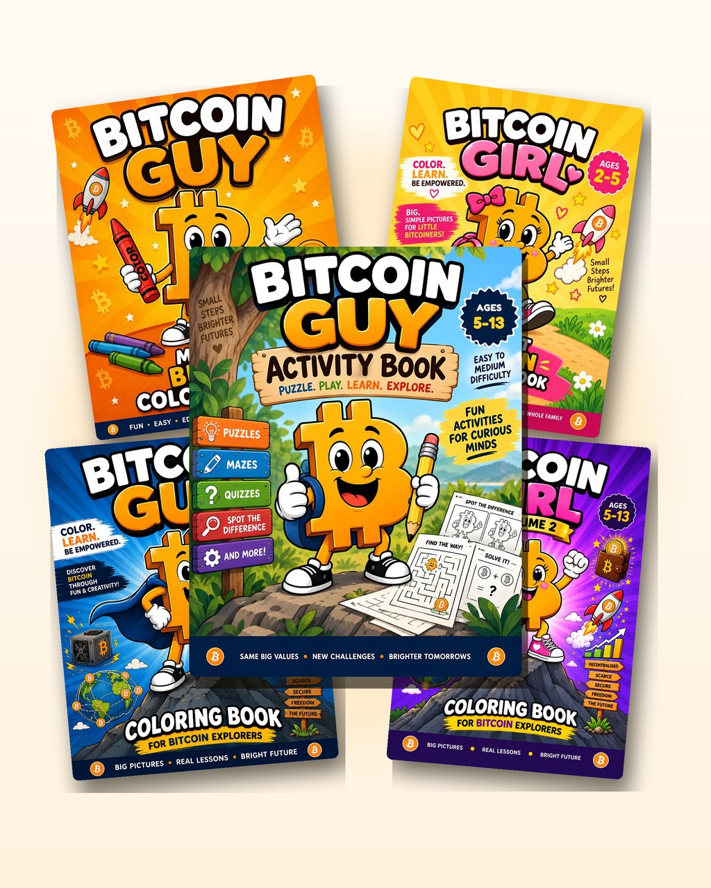 All five Family Bundle covers: Bitcoin Guy Vol. 1 and 2, Bitcoin Girl Vol. 1 and 2, and the Activity Book