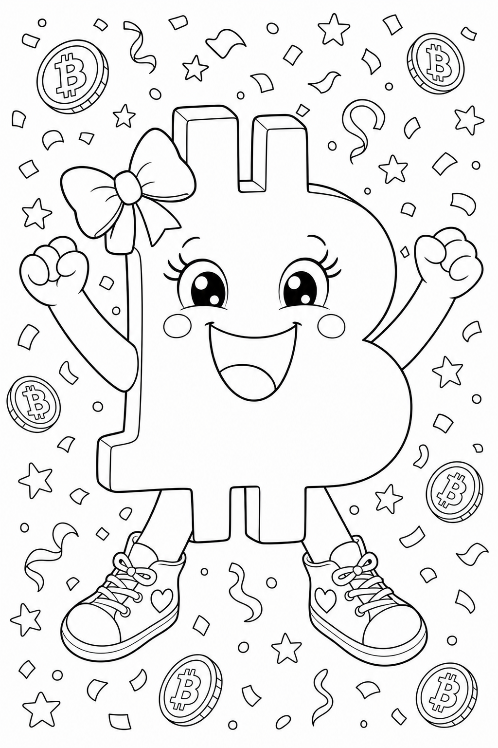 Bitcoin Girl victory celebration sample colouring page
