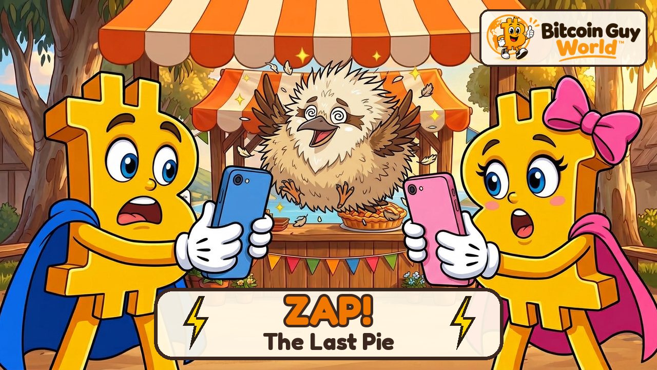 Bitcoin Guy and Bitcoin Girl holding phones at Nana Penny's pie stall as Kip the kookaburra gets zapped - Episode 1, Zap! The Last Pie
