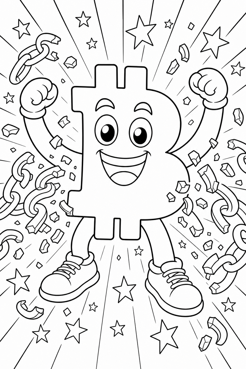 Bitcoin Guy breaking free - financial freedom colouring page