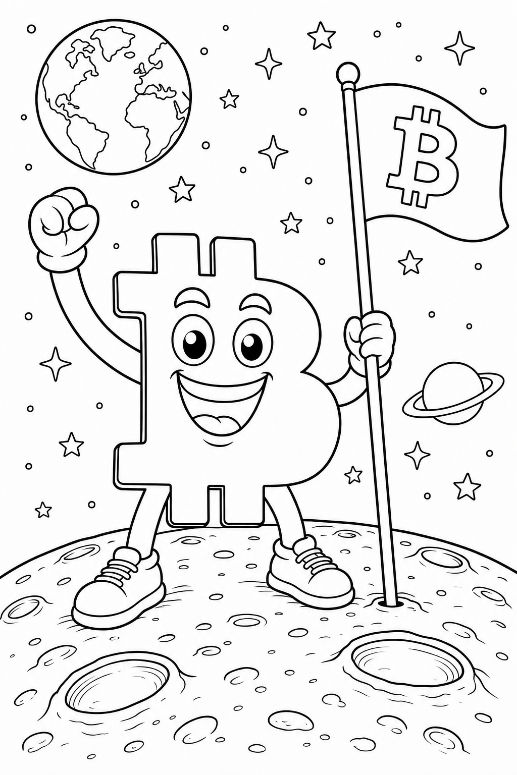 Bitcoin Guy to the moon - colouring page